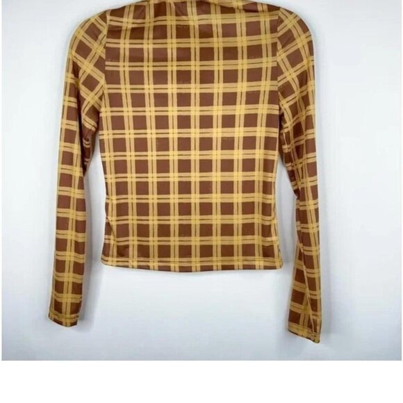 With Jean Bobbie Shirt Cher Plaid Print Brown Yellow Button Down Long Sleeve - Picture 3 of 3